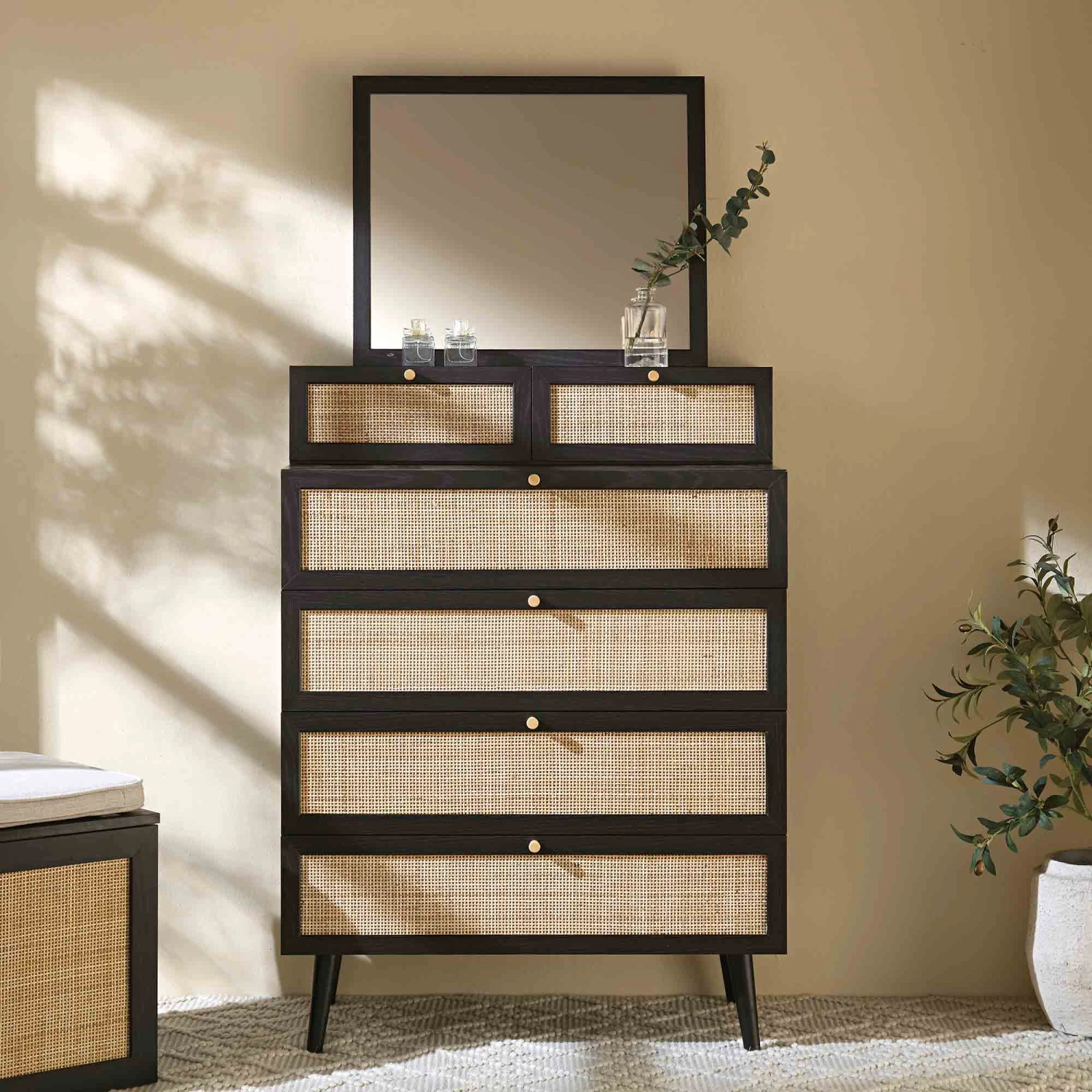 Frances Woven Rattan Tall Vanity Chest With Mirror, Black 2 Frances Woven Rattan Tall Vanity Chest With Mirror, Black - Image 2