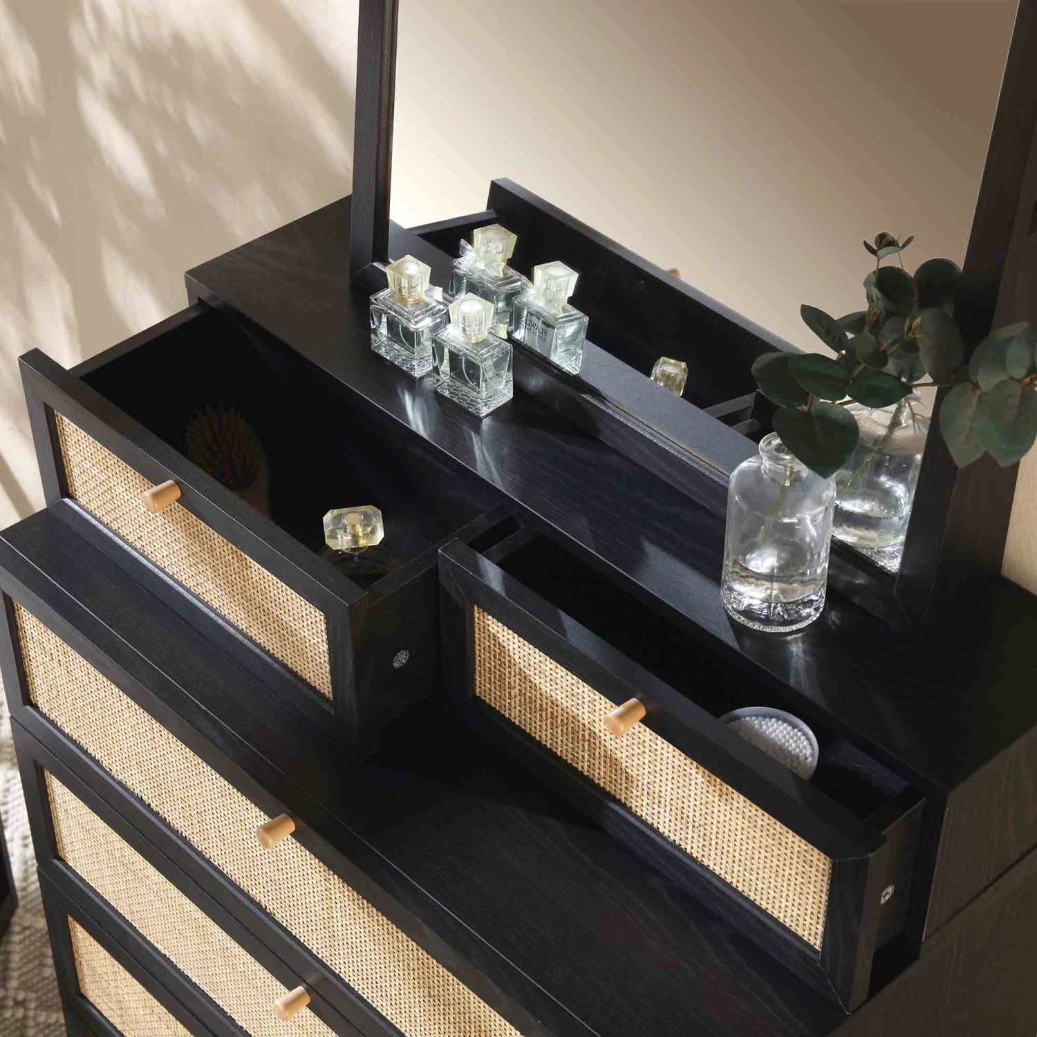 Frances Woven Rattan Tall Vanity Chest With Mirror, Black 3 Frances Woven Rattan Tall Vanity Chest With Mirror, Black - Image 3