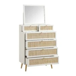 Frances Woven Rattan Tall Vanity Chest With Mirror, White 17 Frances Woven Rattan Tall Vanity Chest With Mirror, White -Daals Store FT COD MIRR 04 WHITE WB2