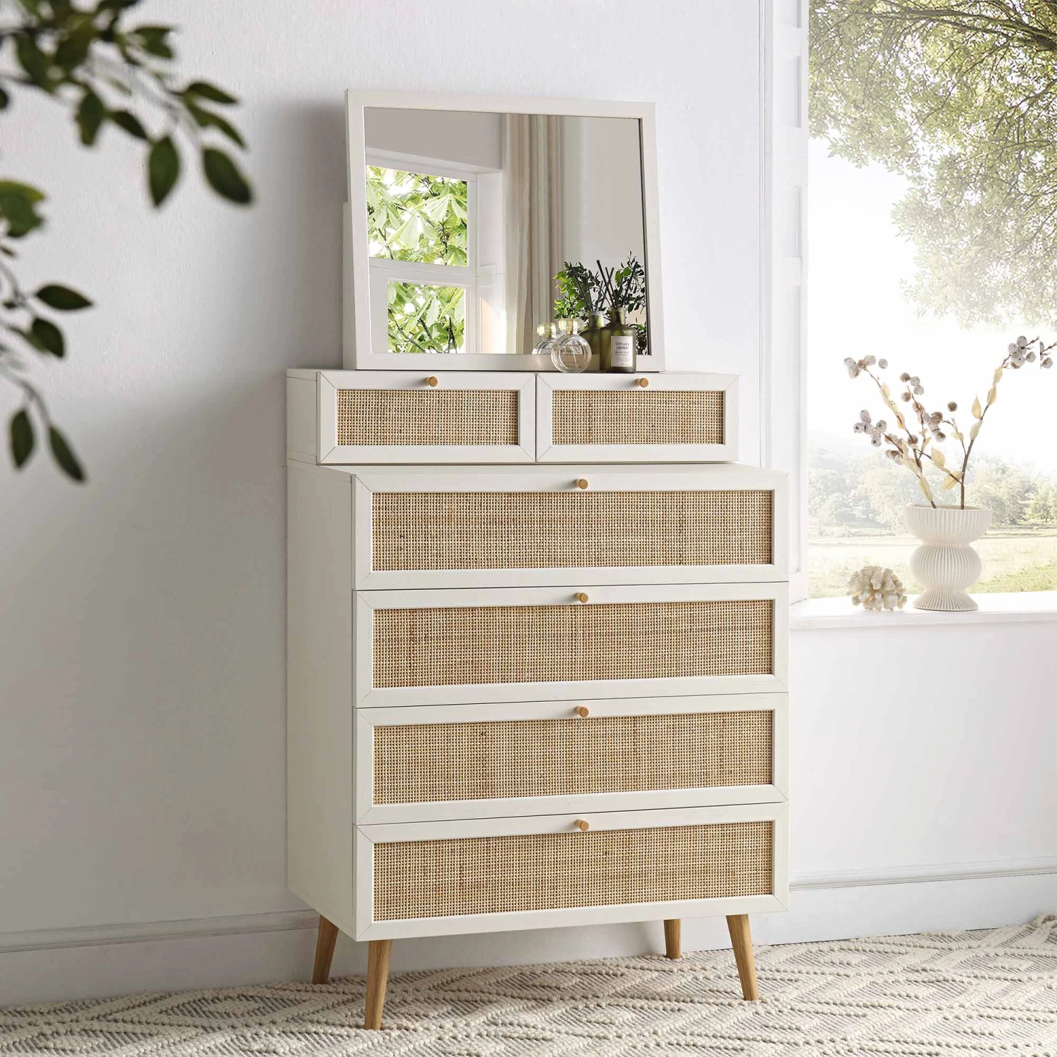 Frances Woven Rattan Tall Vanity Chest With Mirror, White 1 Frances Woven Rattan Tall Vanity Chest With Mirror, White