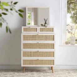 Frances Woven Rattan Tall Vanity Chest With Mirror, White 14 Frances Woven Rattan Tall Vanity Chest With Mirror, White -Daals Store FT COD MIRR 04 WHITE scene1