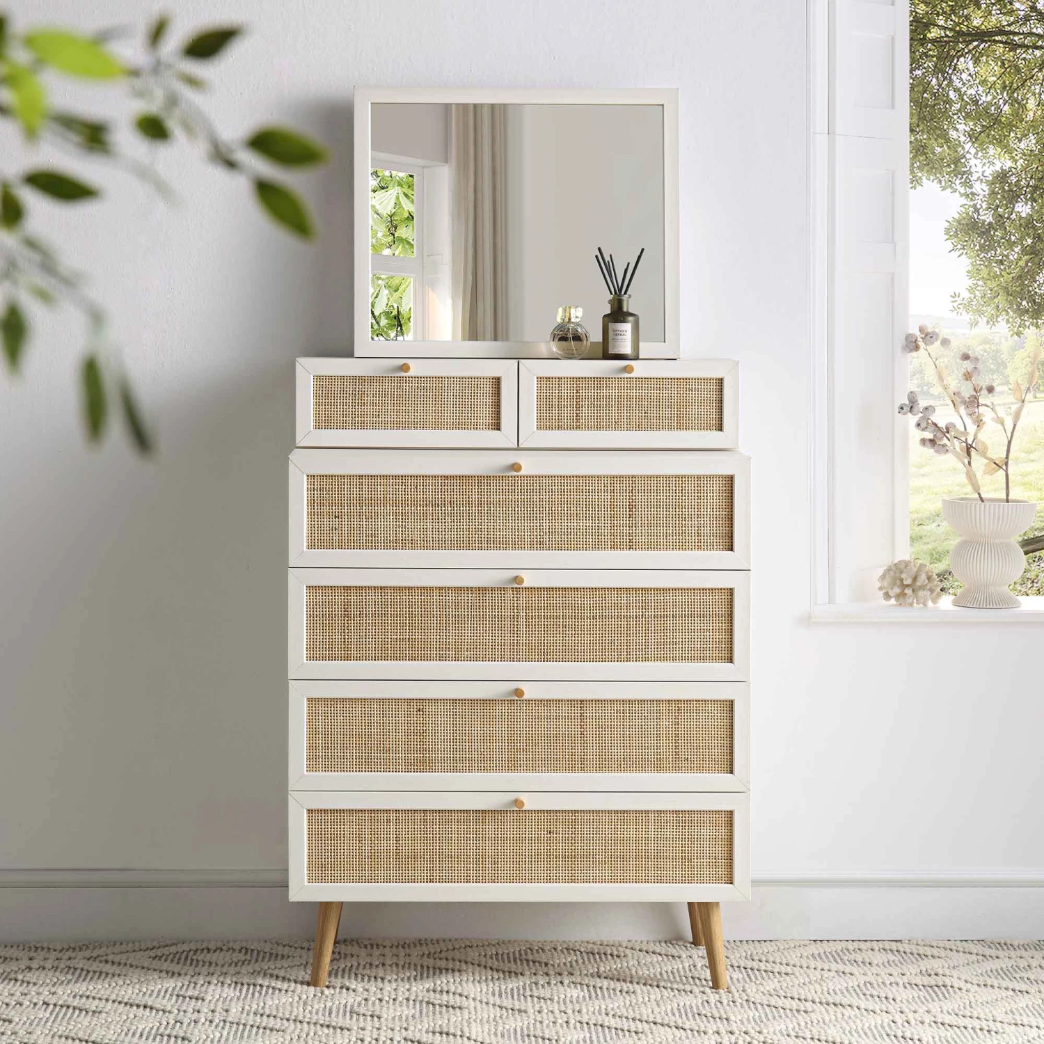 Frances Woven Rattan Tall Vanity Chest With Mirror, White 2 Frances Woven Rattan Tall Vanity Chest With Mirror, White - Image 2