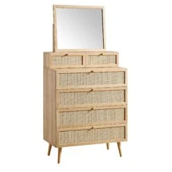 Frances Woven Rattan Tall Vanity Chest With Mirror, Natural 16 Frances Woven Rattan Tall Vanity Chest With Mirror, Natural -Daals Store FT COD MIRR 04 NAT WB2