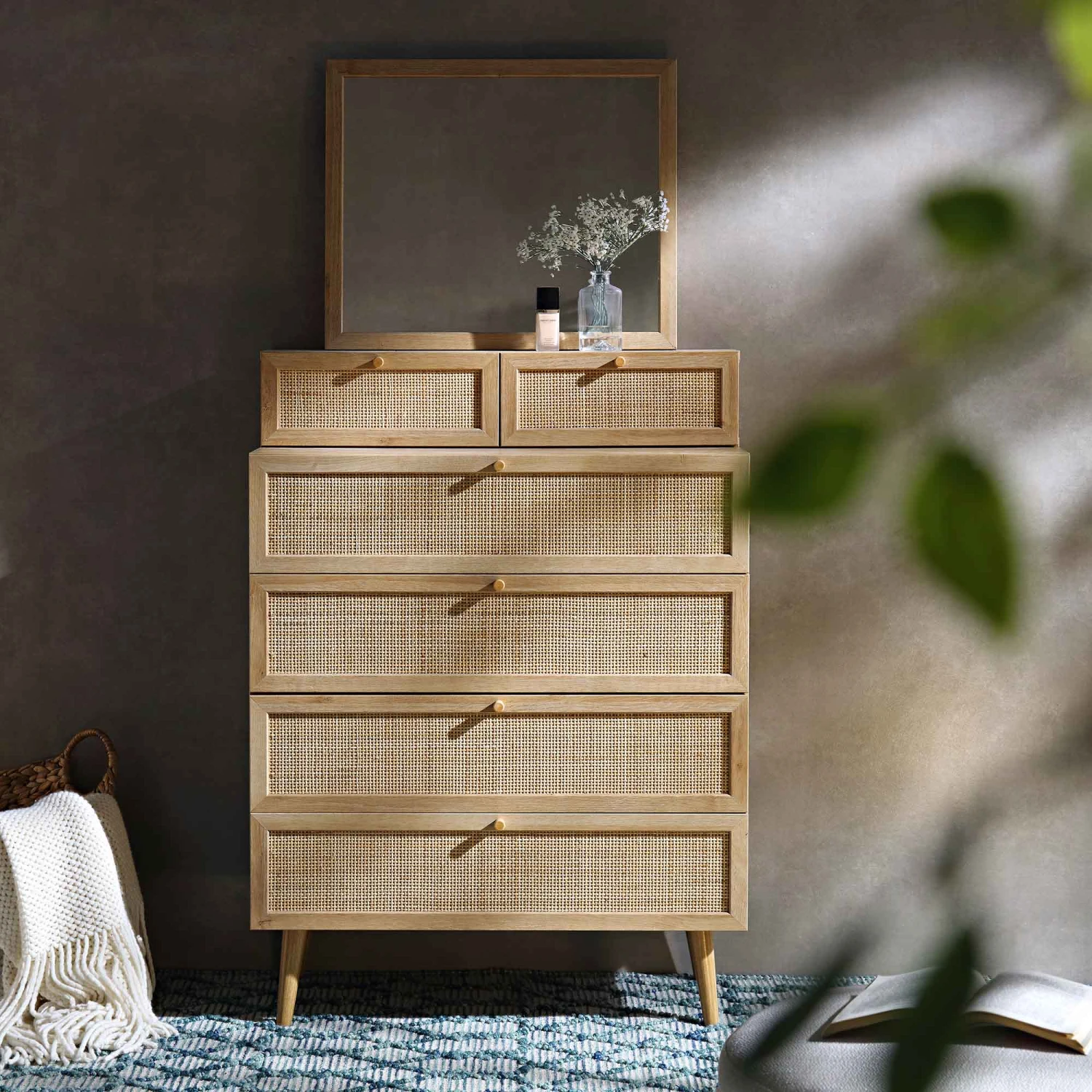 Frances Woven Rattan Tall Vanity Chest With Mirror, Natural 2 Frances Woven Rattan Tall Vanity Chest With Mirror, Natural - Image 2