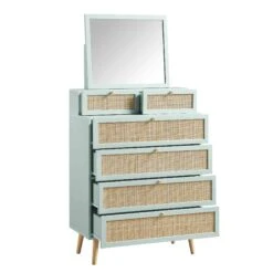 Frances Woven Rattan Tall Vanity Chest With Mirror, Mint 19 Frances Woven Rattan Tall Vanity Chest With Mirror, Mint -Daals Store FT COD MIRR 04 SAGE WB3