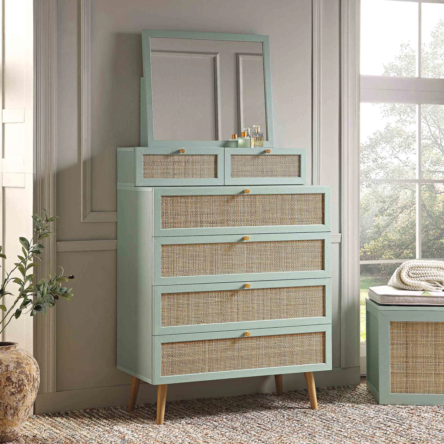Frances Woven Rattan Tall Vanity Chest With Mirror, Mint 1 Frances Woven Rattan Tall Vanity Chest With Mirror, Mint