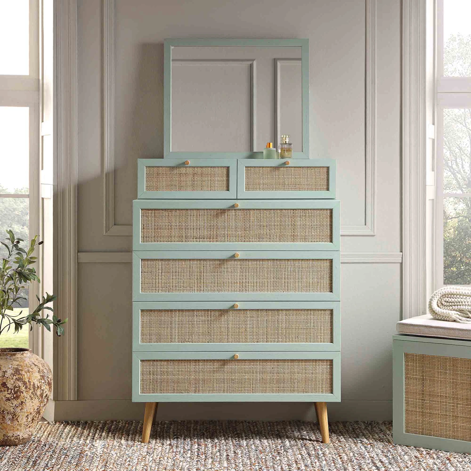 Frances Woven Rattan Tall Vanity Chest With Mirror, Mint 2 Frances Woven Rattan Tall Vanity Chest With Mirror, Mint - Image 2
