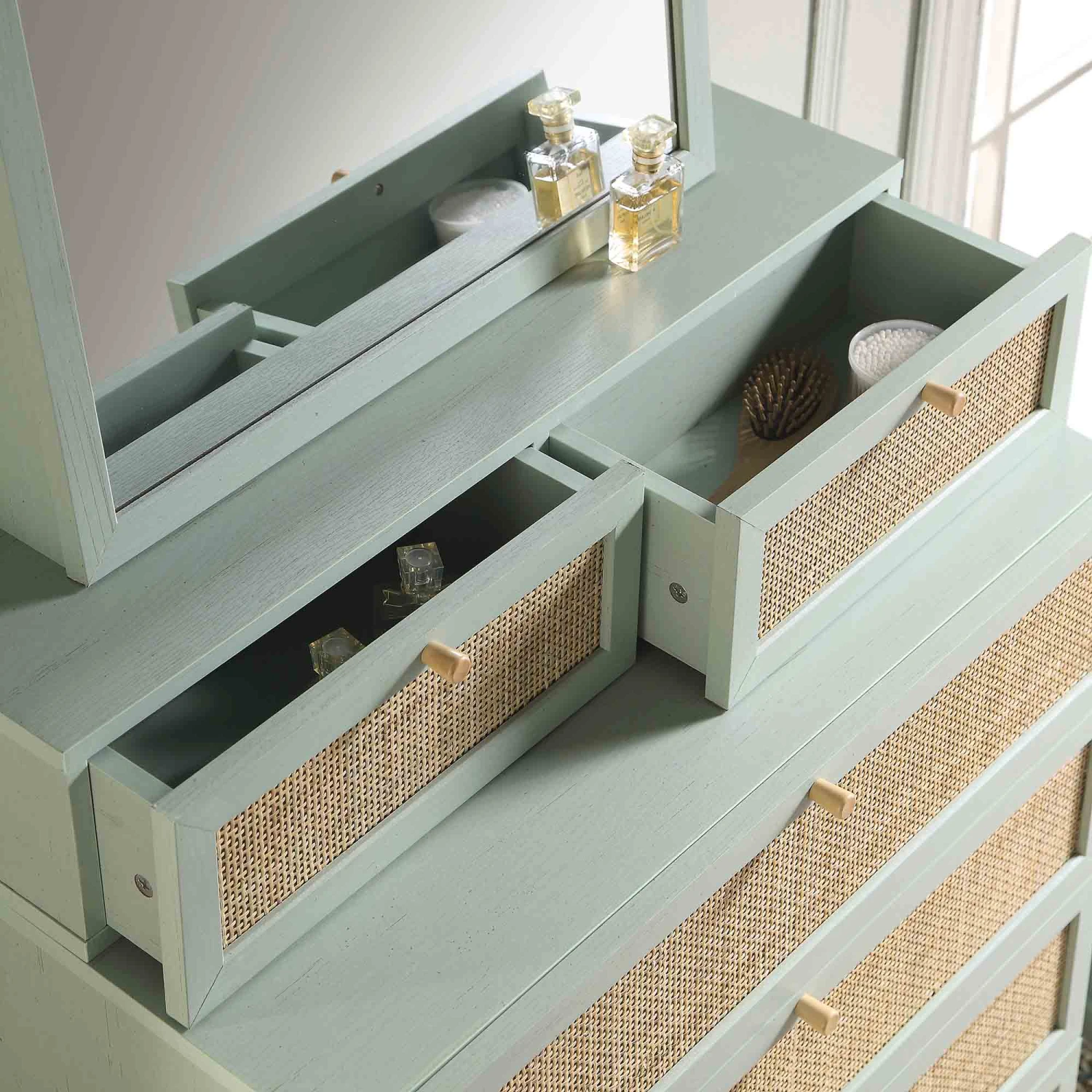 Frances Woven Rattan Tall Vanity Chest With Mirror, Mint 3 Frances Woven Rattan Tall Vanity Chest With Mirror, Mint - Image 3