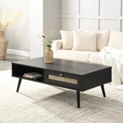 Frances Woven Rattan Wooden Coffee Table In Black Colour