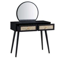 Frances Woven Rattan Dressing Table With Mirror, Black -Daals Store FT DRTA 01 BLACK WB2