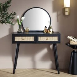 Frances Woven Rattan Dressing Table With Mirror, Black -Daals Store FT DRTA 01 BLACK scene1