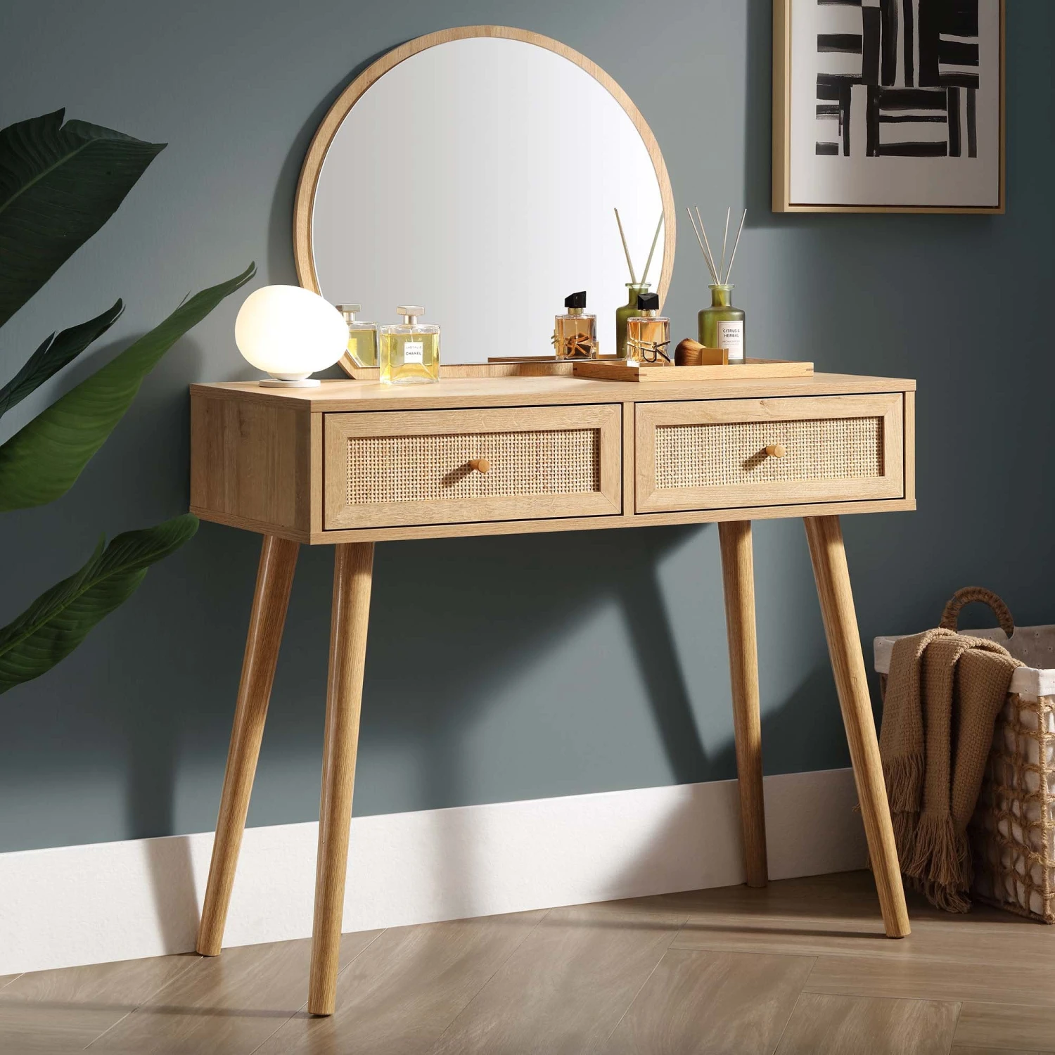 Frances Woven Rattan Dressing Table With Mirror, Natural 1 Frances Woven Rattan Dressing Table With Mirror, Natural
