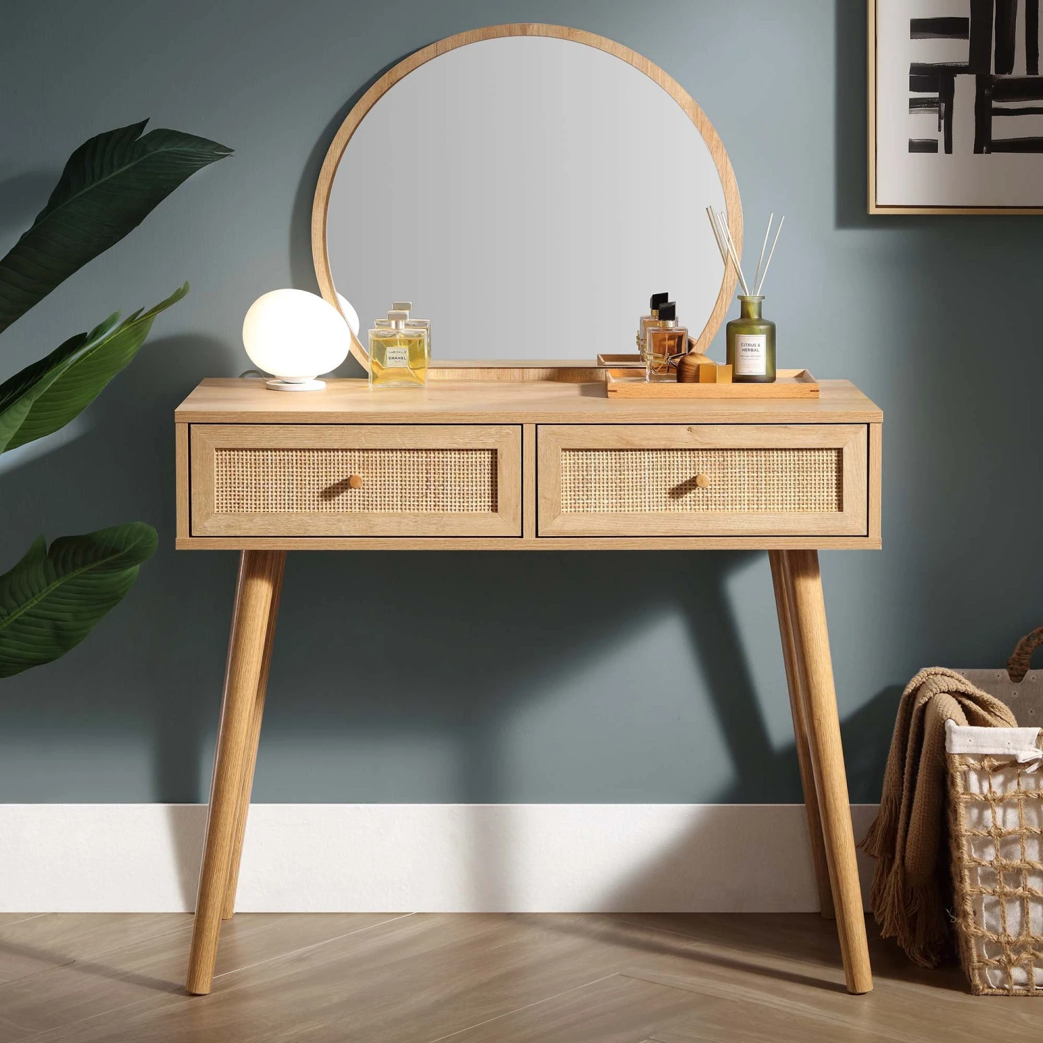 Frances Woven Rattan Dressing Table With Mirror, Natural 2 Frances Woven Rattan Dressing Table With Mirror, Natural - Image 2