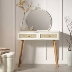 Frances Woven Rattan Dressing Table With Mirror, White 13 Frances Woven Rattan Dressing Table With Mirror, White -Daals Store FT DRTA 01 WHITE scene1