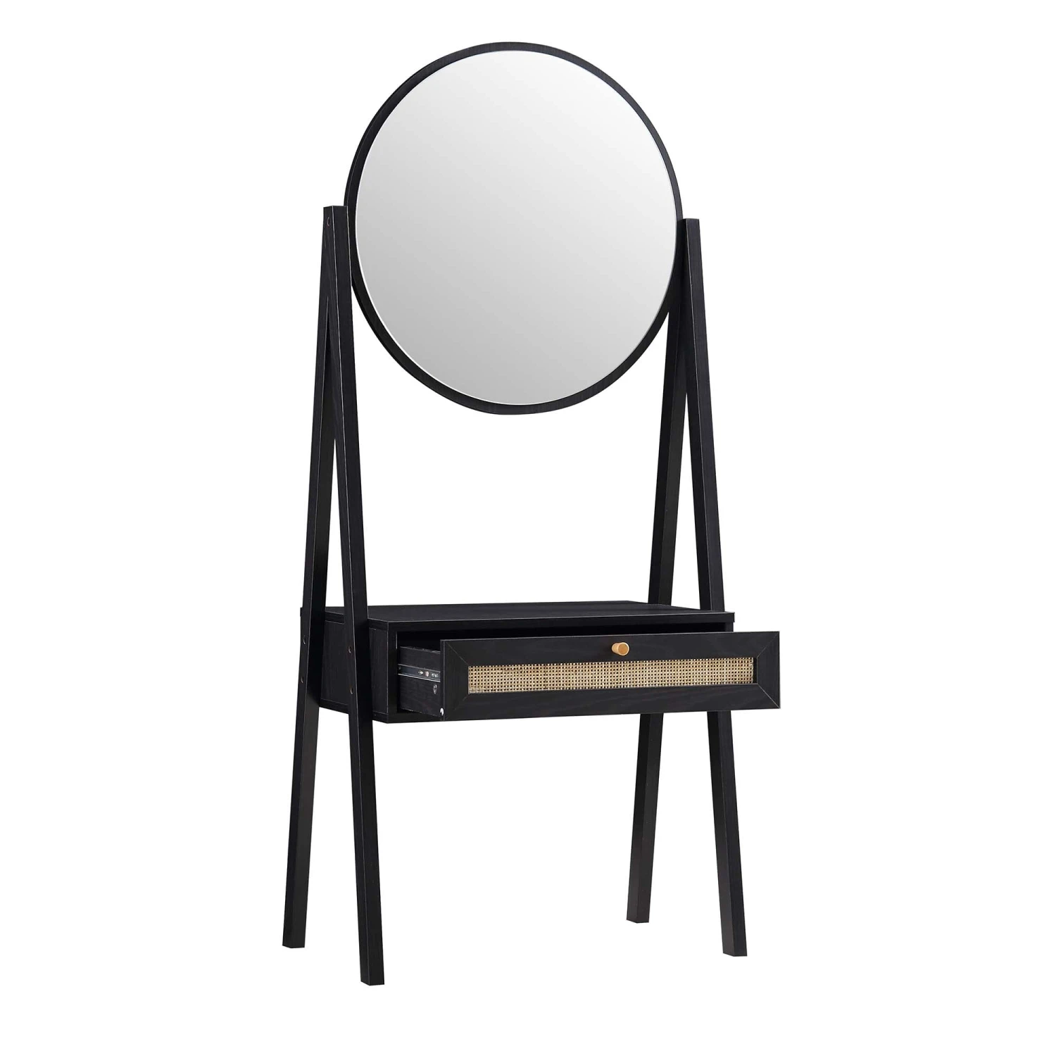 Frances Woven Rattan Standing Dressing Table With Mirror, Black 6 Frances Woven Rattan Standing Dressing Table With Mirror, Black - Image 6
