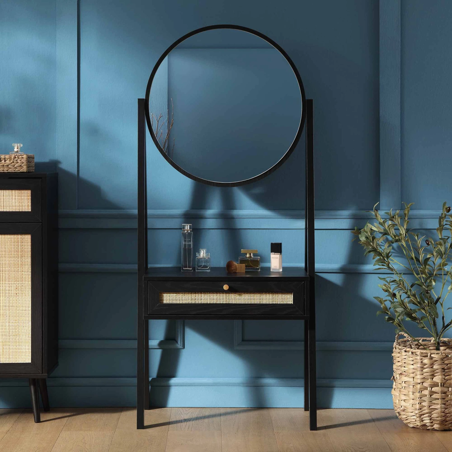 Frances Woven Rattan Standing Dressing Table With Mirror, Black 2 Frances Woven Rattan Standing Dressing Table With Mirror, Black - Image 2