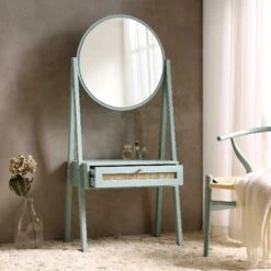 Frances Woven Rattan Standing Dressing Table With Mirror, Mint -Daals Store FT DRTA 02 SAGE scene2