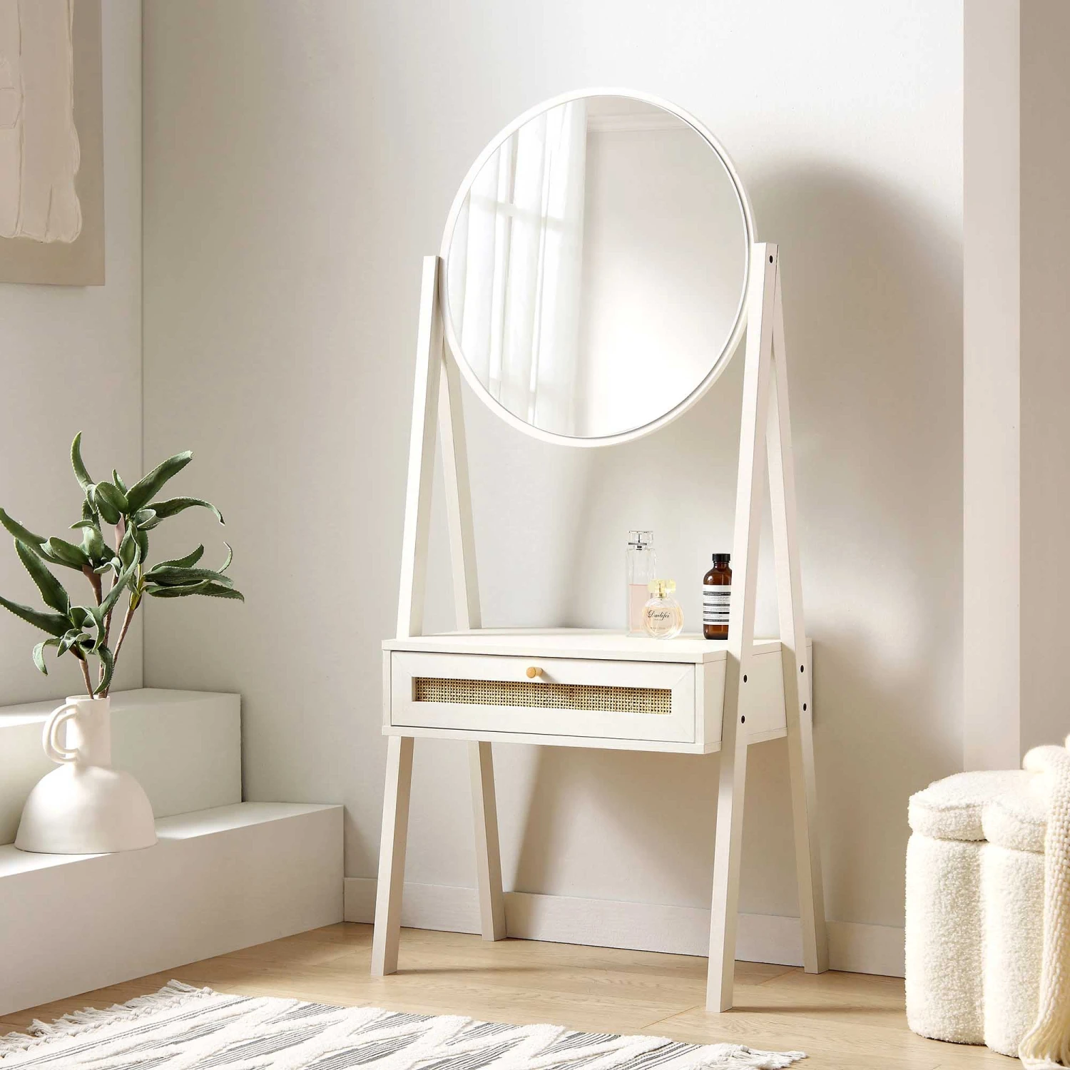 Frances Woven Rattan Standing Dressing Table With Mirror, White 1 Frances Woven Rattan Standing Dressing Table With Mirror, White