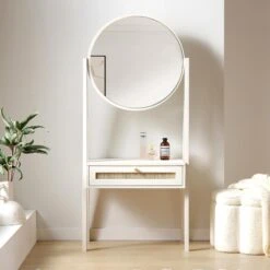 Frances Woven Rattan Standing Dressing Table With Mirror, White 13 Frances Woven Rattan Standing Dressing Table With Mirror, White -Daals Store FT DRTA 02 WHITE scene1