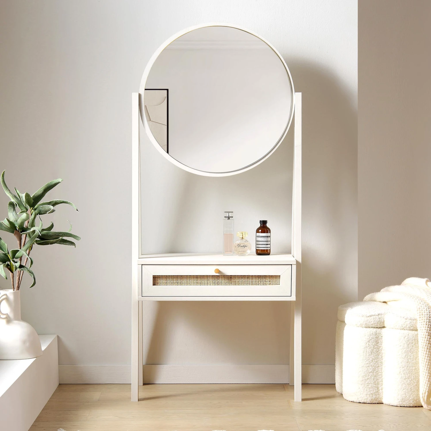 Frances Woven Rattan Standing Dressing Table With Mirror, White 2 Frances Woven Rattan Standing Dressing Table With Mirror, White - Image 2