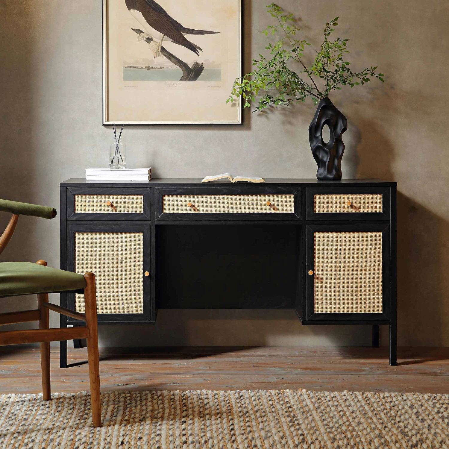 Frances Woven Rattan 3-Drawer Desk, Black 2 Frances Woven Rattan 3-Drawer Desk, Black - Image 2