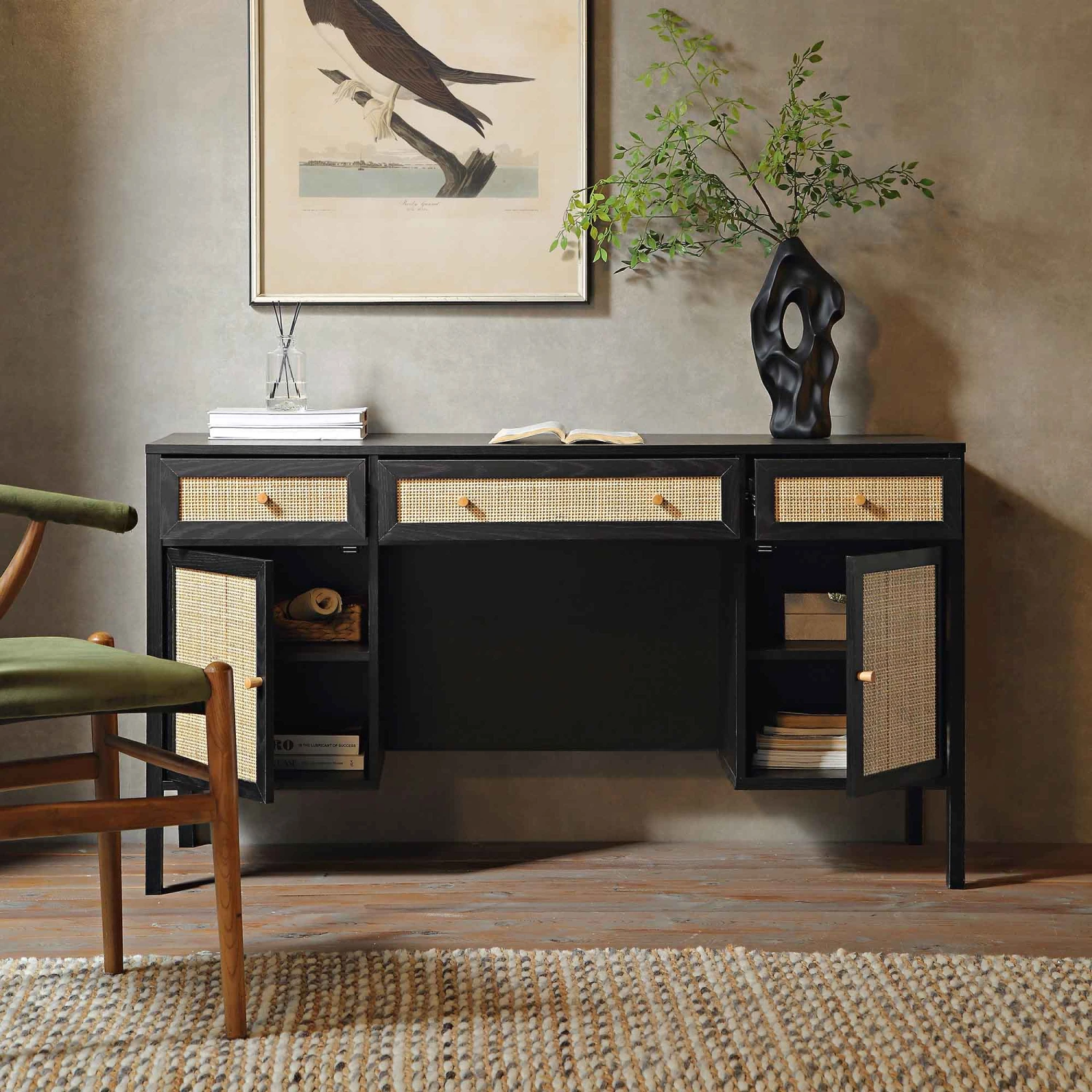 Frances Woven Rattan 3-Drawer Desk, Black 3 Frances Woven Rattan 3-Drawer Desk, Black - Image 3