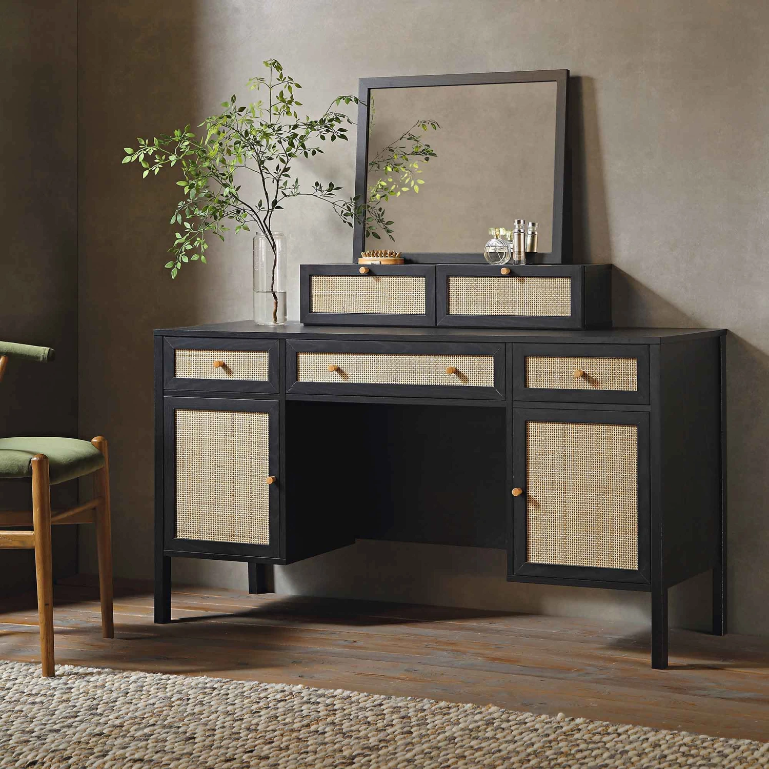 Frances Woven Rattan 3-Drawer Desk, Black 4 Frances Woven Rattan 3-Drawer Desk, Black - Image 4