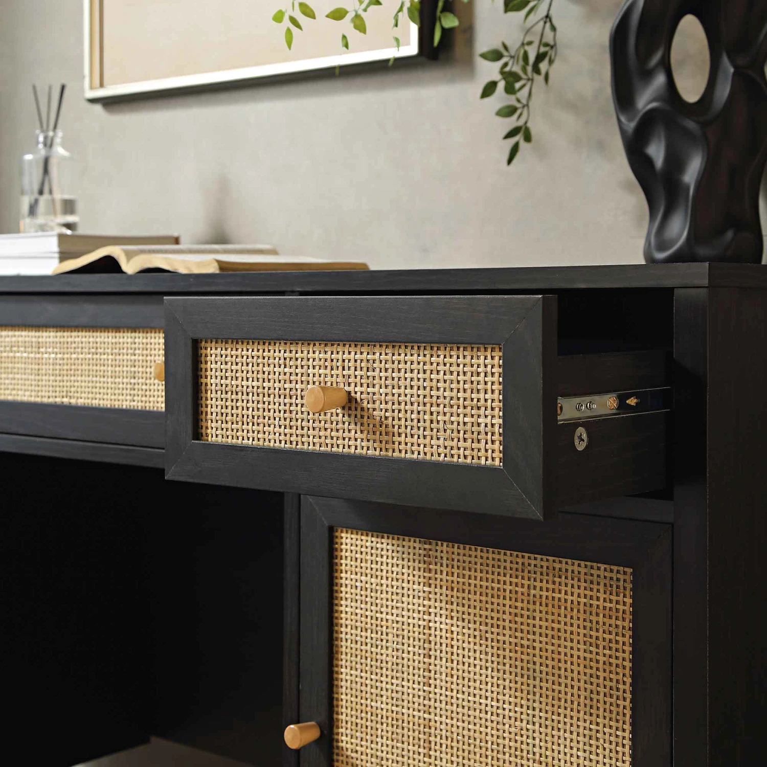 Frances Woven Rattan 3-Drawer Desk, Black 5 Frances Woven Rattan 3-Drawer Desk, Black - Image 5