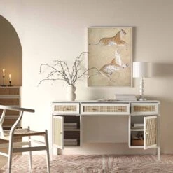 Frances Woven Rattan 3-Drawer Desk, White -Daals Store FT DSK 02 WHITE scene2