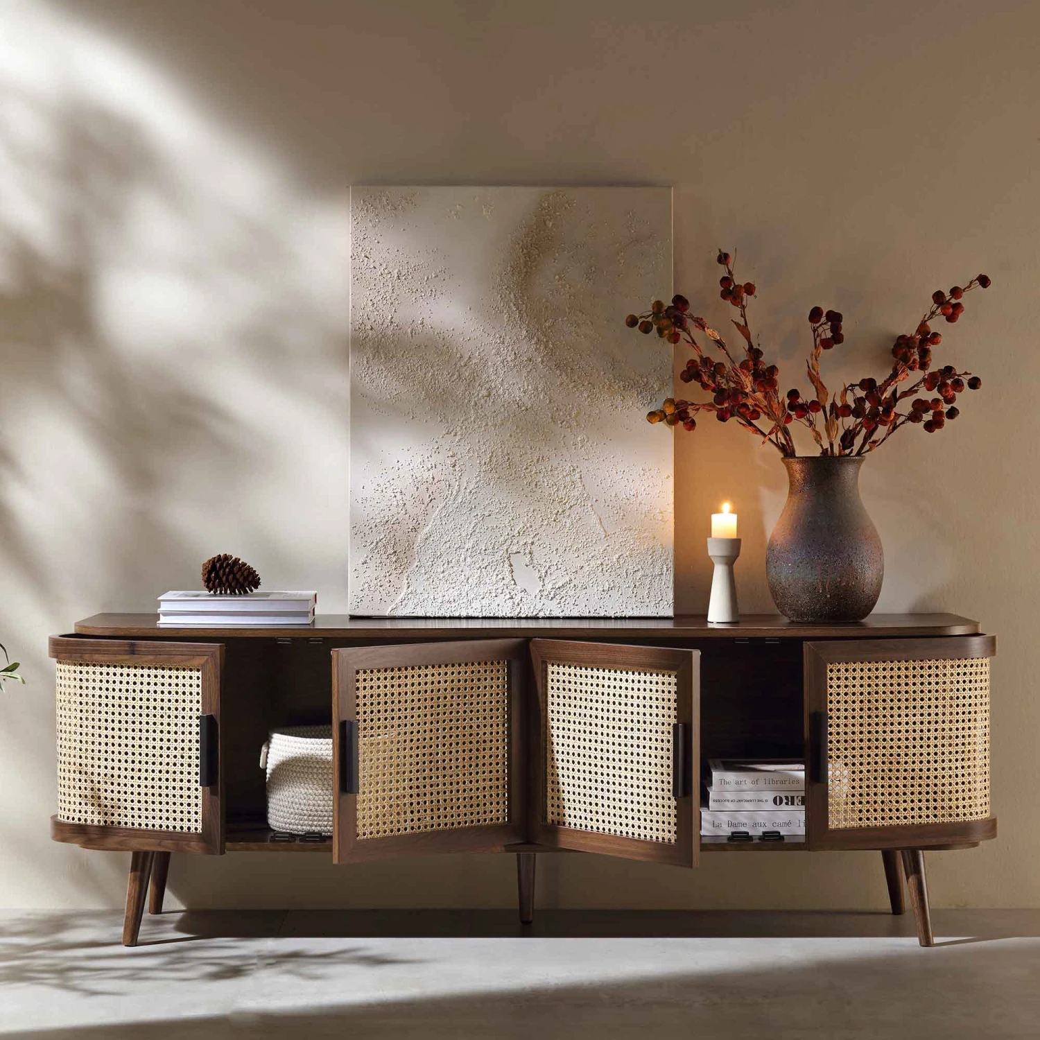 Izzy Curved Rattan 160cm Wide TV Unit, Walnut 3 Izzy Curved Rattan 160cm Wide TV Unit, Walnut - Image 3