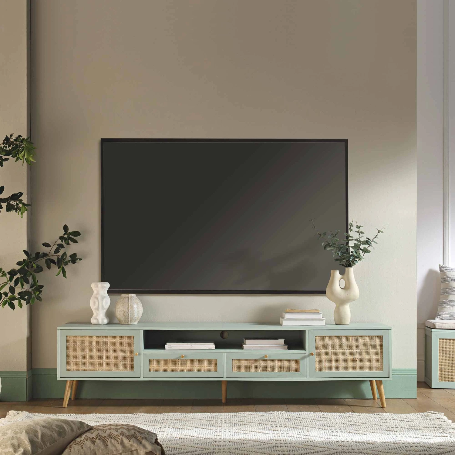 Frances Woven Rattan 200cm Wide TV Unit, Mint 1 Frances Woven Rattan 200cm Wide TV Unit, Mint