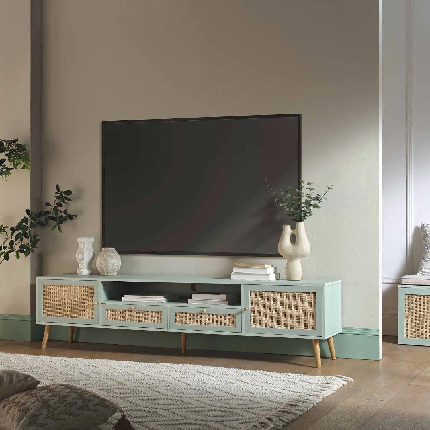 Frances Woven Rattan 200cm Wide TV Unit, Mint 2 Frances Woven Rattan 200cm Wide TV Unit, Mint - Image 2
