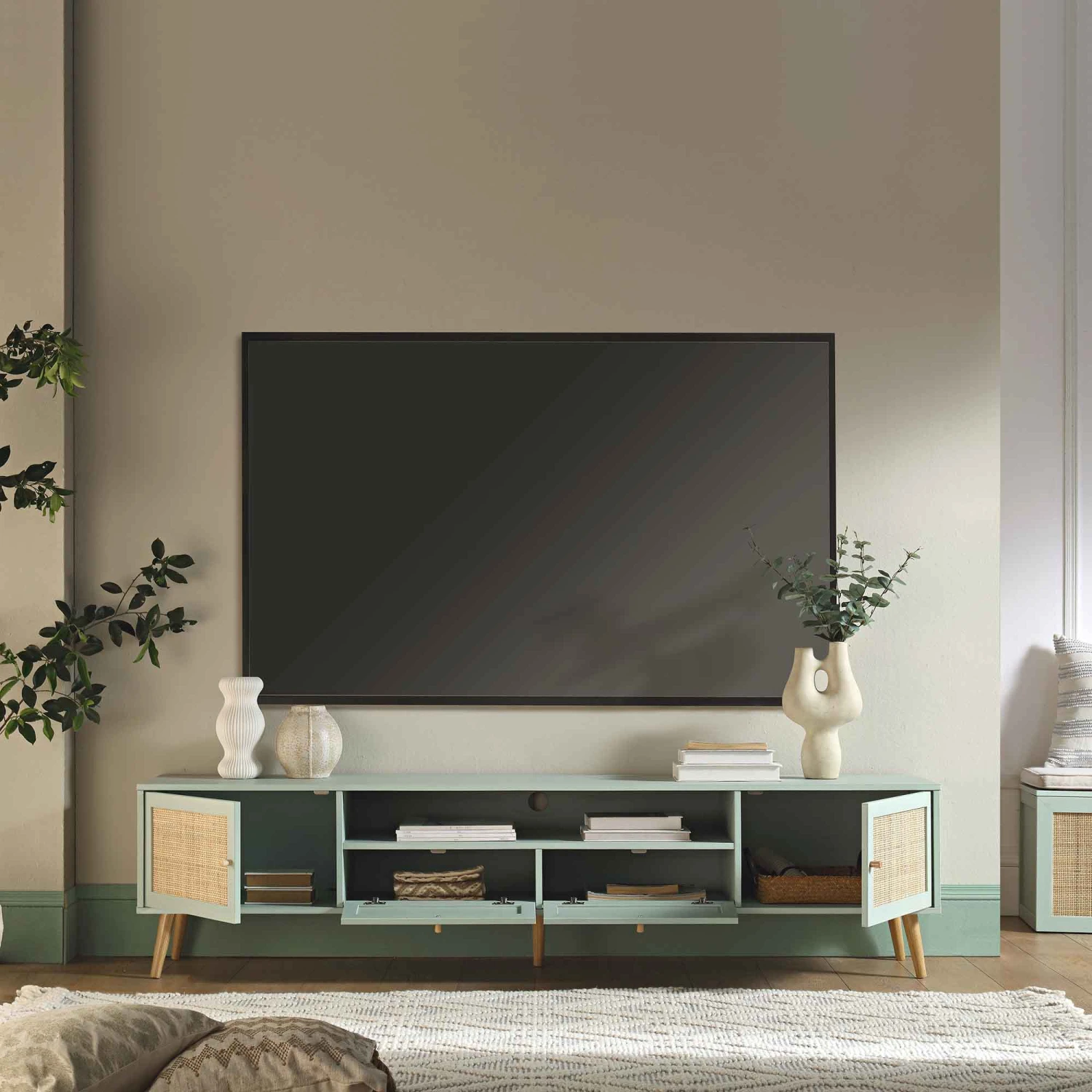 Frances Woven Rattan 200cm Wide TV Unit, Mint 3 Frances Woven Rattan 200cm Wide TV Unit, Mint - Image 3