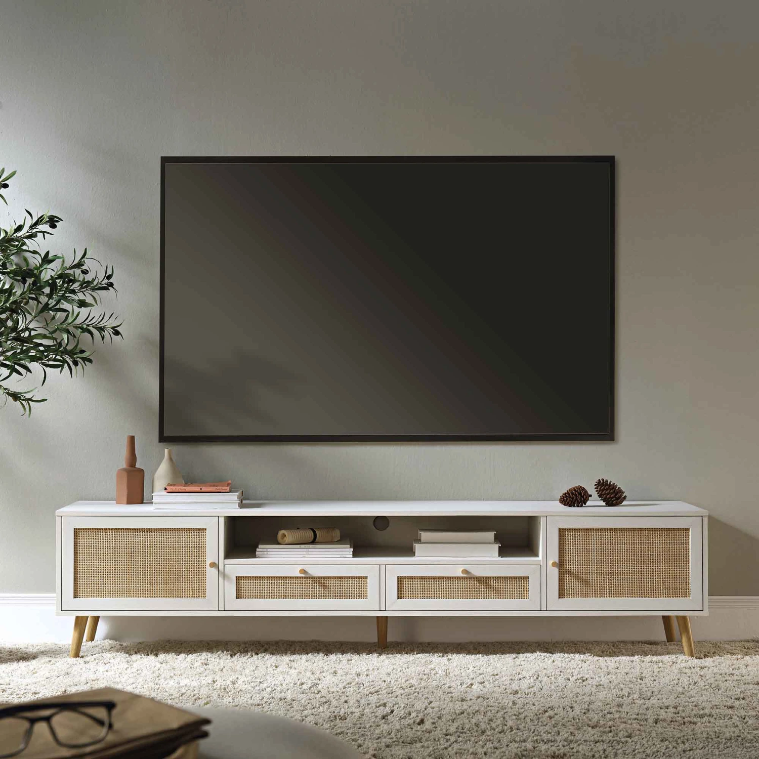 Frances Woven Rattan 200cm Wide TV Unit, White 1 Frances Woven Rattan 200cm Wide TV Unit, White