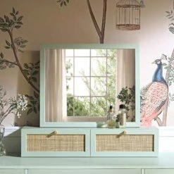 Frances Woven Rattan Vanity Mirror, Mint 13 Frances Woven Rattan Vanity Mirror, Mint -Daals Store FT MIRR 04 SAGE scene1