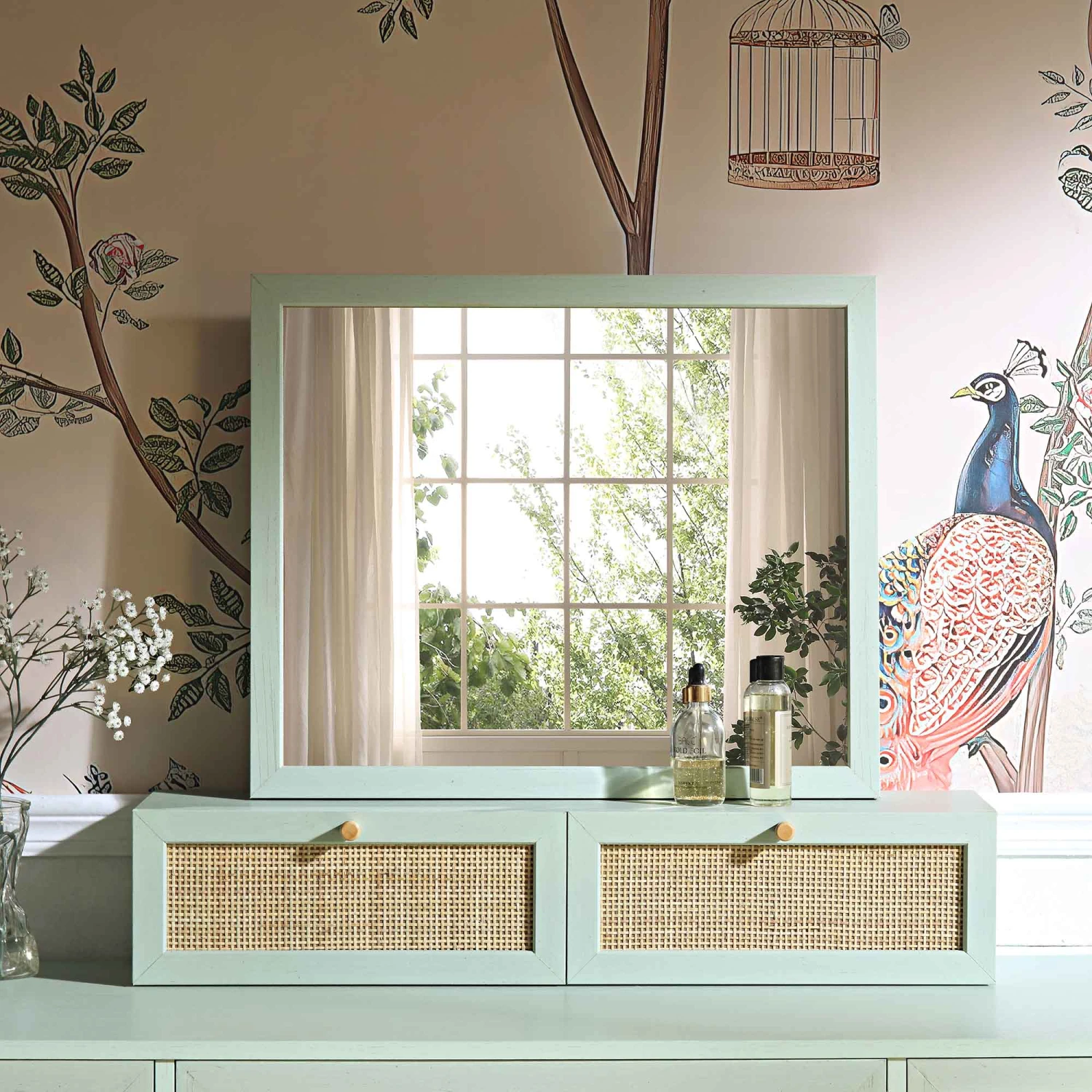 Frances Woven Rattan Vanity Mirror, Mint 2 Frances Woven Rattan Vanity Mirror, Mint - Image 2