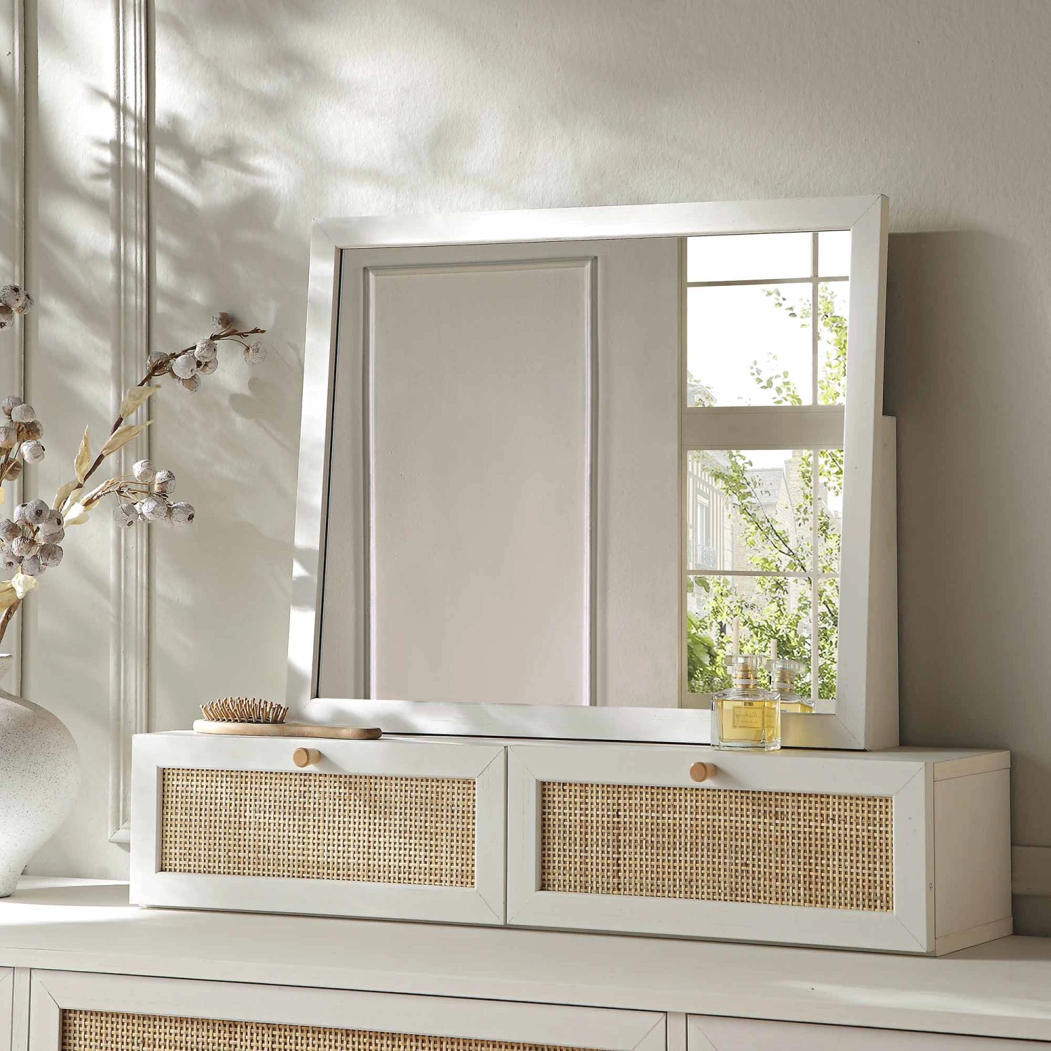 Frances Woven Rattan Vanity Mirror, White 1 Frances Woven Rattan Vanity Mirror, White