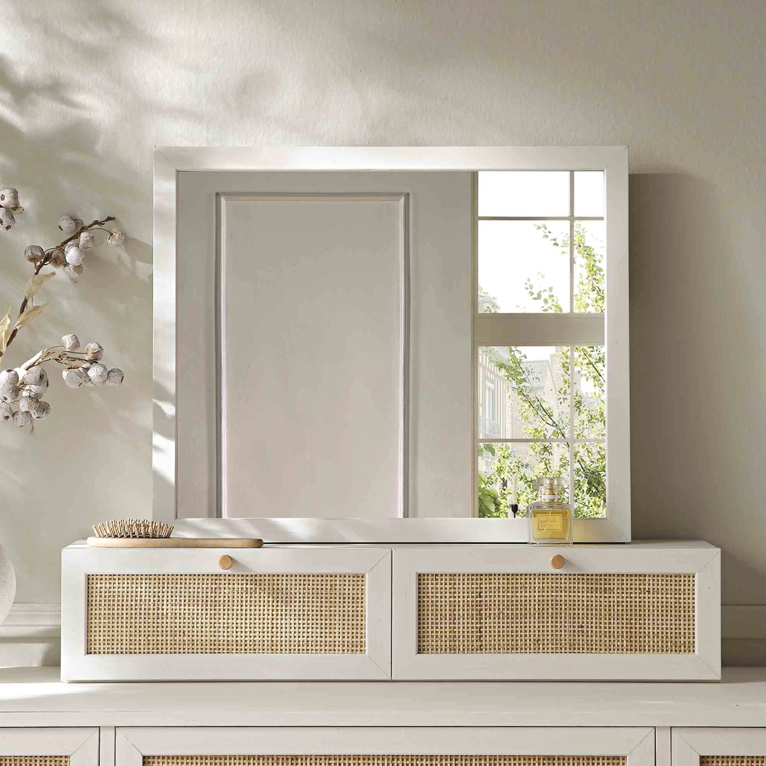 Frances Woven Rattan Vanity Mirror, White 2 Frances Woven Rattan Vanity Mirror, White - Image 2