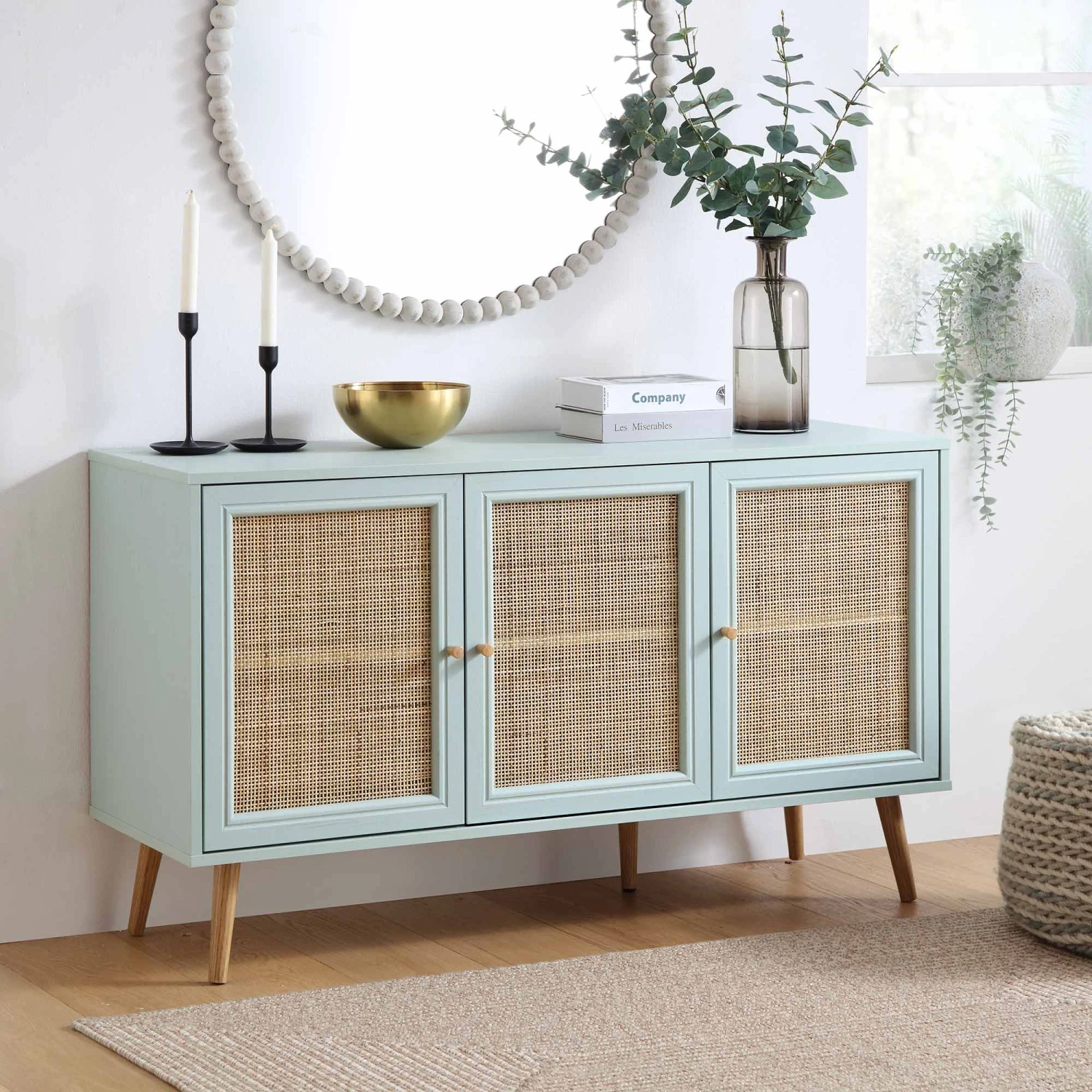 Frances Woven Rattan 3-Door Sideboard, Mint 1 Frances Woven Rattan 3-Door Sideboard, Mint