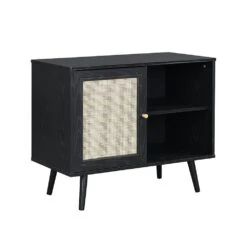 Frances Black Woven Rattan 1-Door Sideboard – Modern Lounge Storage Cabinet with Shelves -Daals Store FT SB 002 BLACK WB1