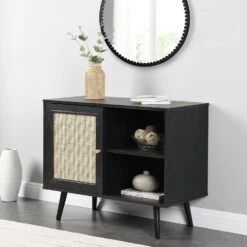 Frances Woven Rattan 1-Door Cabinet In Black