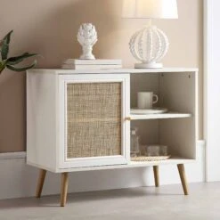 Frances Woven Rattan 1-Door Cabinet In White