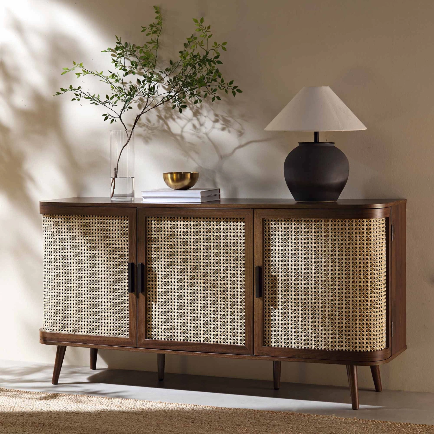 Izzy Curved Rattan Large 3-Door Sideboard, Walnut 1 Izzy Curved Rattan Large 3-Door Sideboard, Walnut