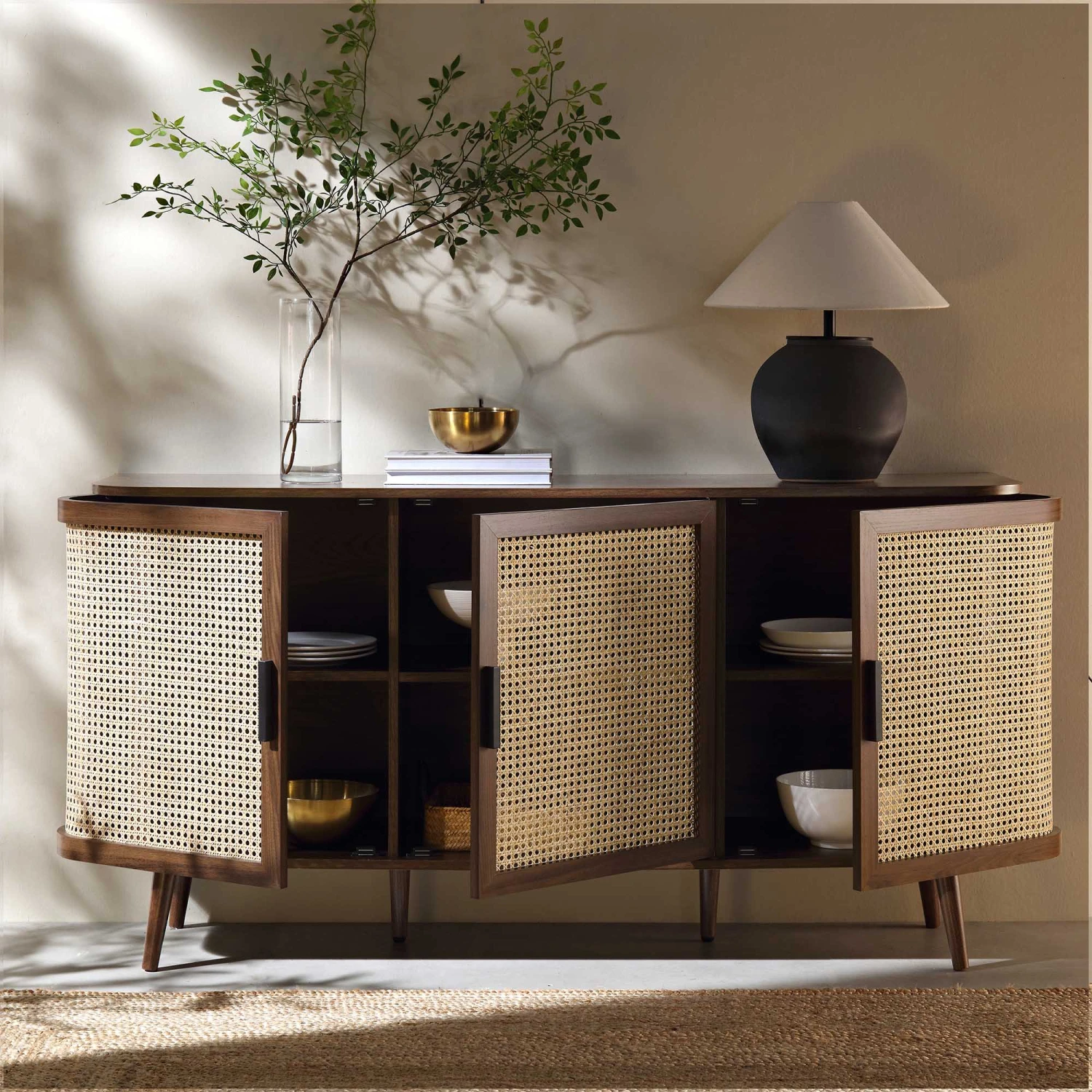 Izzy Curved Rattan Large 3-Door Sideboard, Walnut 3 Izzy Curved Rattan Large 3-Door Sideboard, Walnut - Image 3