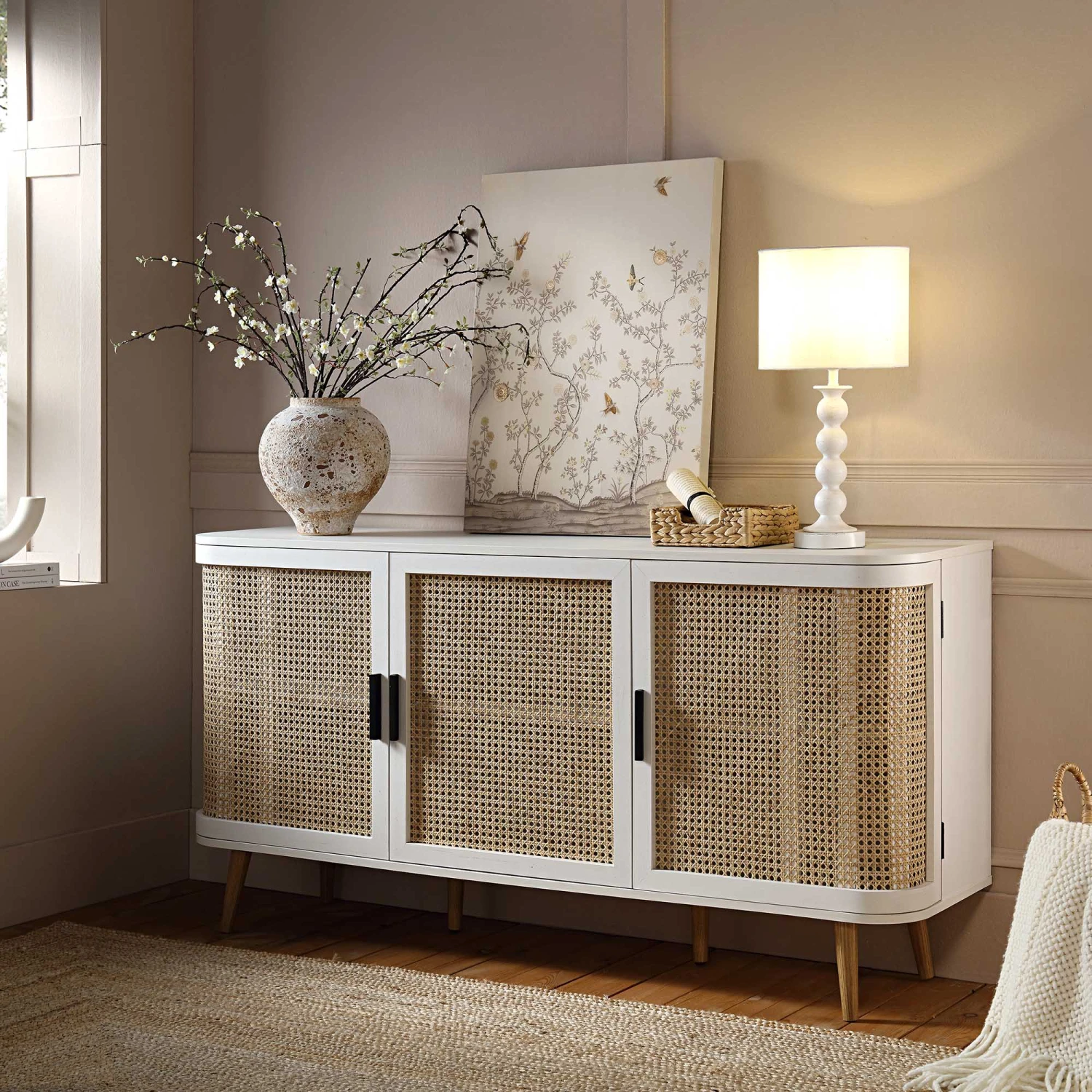 Izzy Curved Rattan Large 3-Door Sideboard, White 1 Izzy Curved Rattan Large 3-Door Sideboard, White