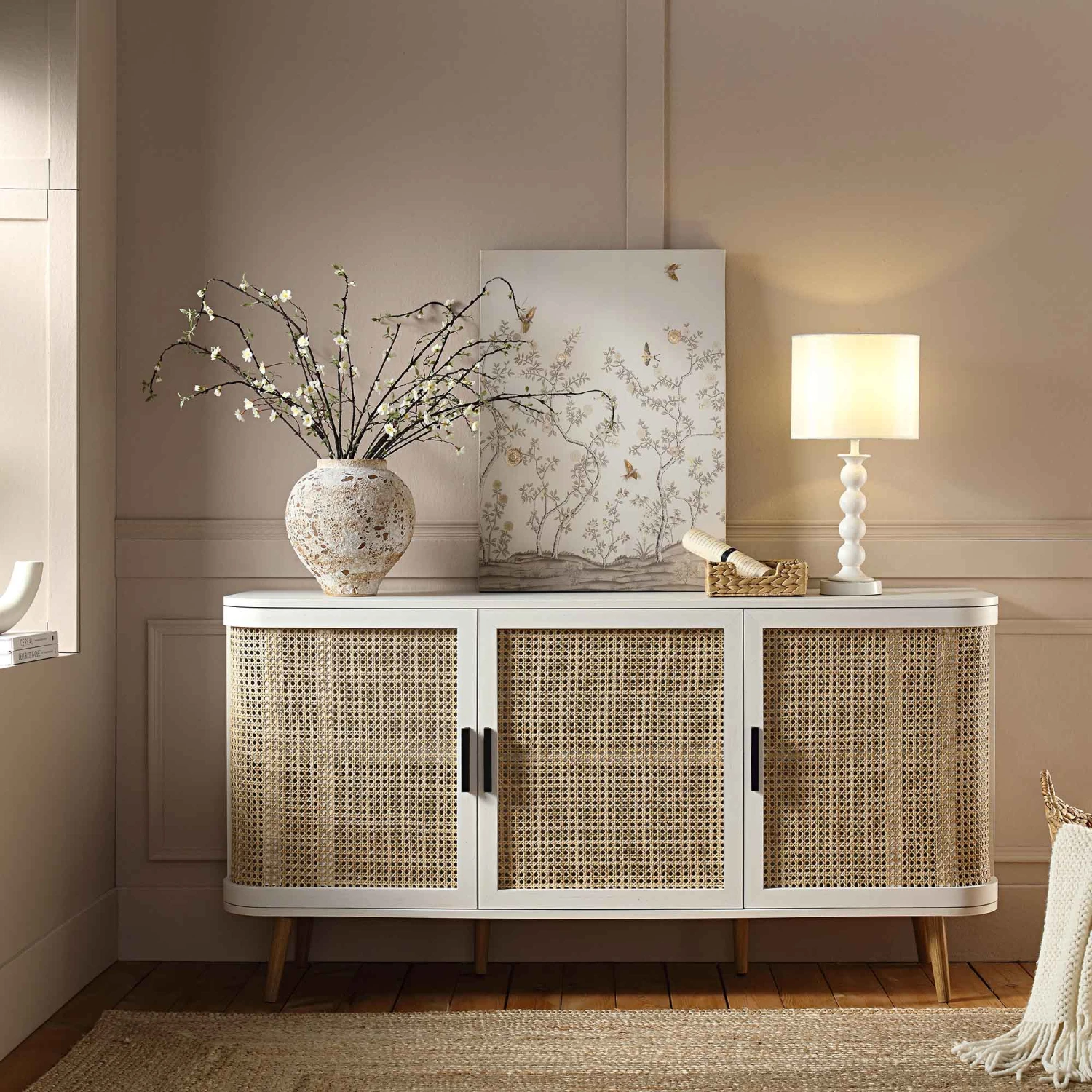Izzy Curved Rattan Large 3-Door Sideboard, White 2 Izzy Curved Rattan Large 3-Door Sideboard, White - Image 2
