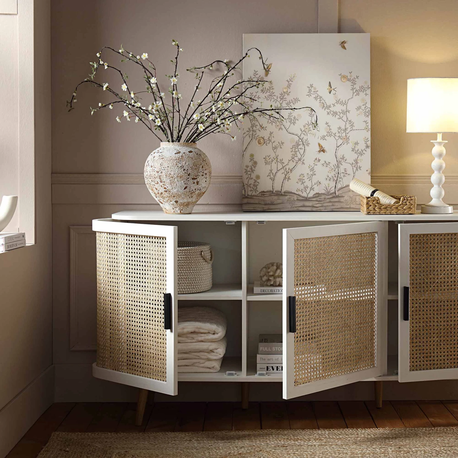 Izzy Curved Rattan Large 3-Door Sideboard, White 3 Izzy Curved Rattan Large 3-Door Sideboard, White - Image 3