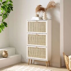 Frances Rattan 3 Tier Shoe Storage Cabinet, White