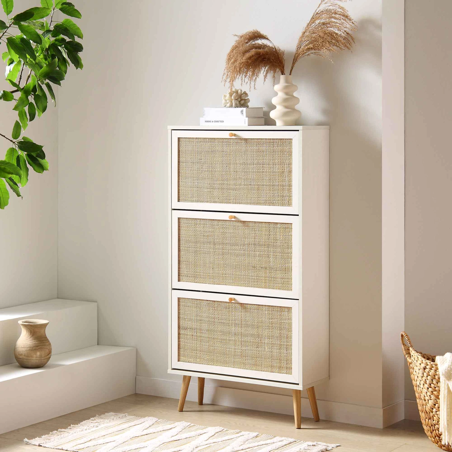 Frances Rattan 3 Tier Shoe Storage Cabinet, White 1 Frances Rattan 3 Tier Shoe Storage Cabinet, White