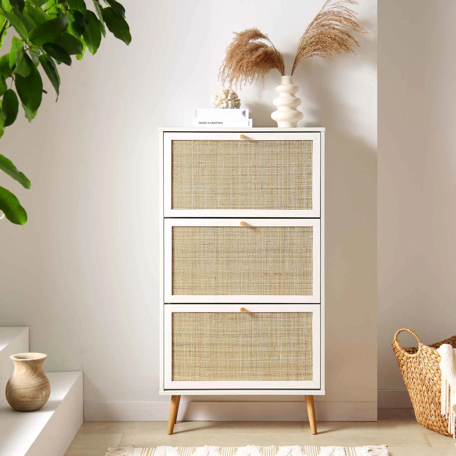 Frances Rattan 3 Tier Shoe Storage Cabinet, White 2 Frances Rattan 3 Tier Shoe Storage Cabinet, White - Image 2